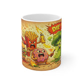 Funny Cartoon Food Fight Mug — 'Die!' Angry Burger, Fries & Donut Design