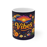 Retro 'Vibes' Coffee Mug – 70s Boho Sunset, Guitar & Peace Sign Ceramic Cup