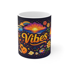 Retro 'Vibes' Coffee Mug – 70s Boho Sunset, Guitar & Peace Sign Ceramic Cup