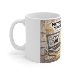 11oz Mug — Funny Tech Support Cartoon: "Fix Your Wi‑Fi Yourself!!" Coffee Cup for Programmers & Gadget Lovers