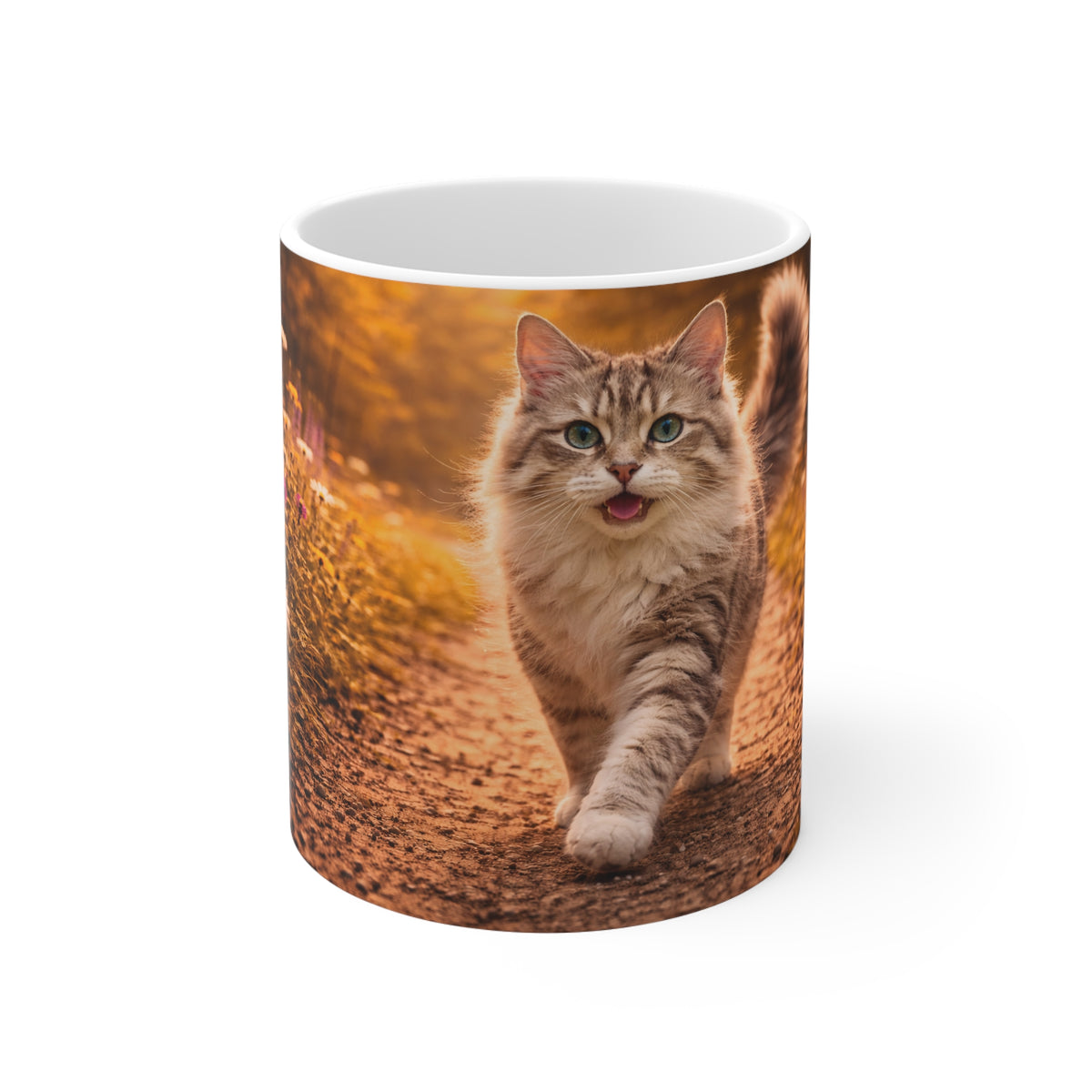 Cute Cat in Autumn Path Mug – 11oz White Coffee Cup with Walking Kitten & Wildflower Scene