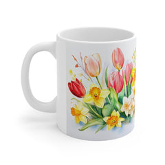 Floral Spring Bouquet Mug — Tulip & Daffodil Watercolor Coffee Cup