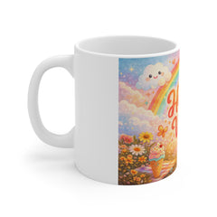 Happy Vibes Rainbow Mug — Cute Positivity Coffee Cup with Rainbow, Clouds & Flowers
