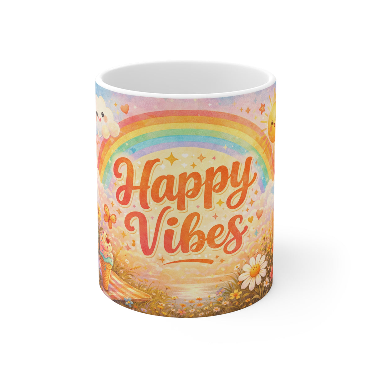 Happy Vibes Rainbow Mug — Cute Positivity Coffee Cup with Rainbow, Clouds & Flowers