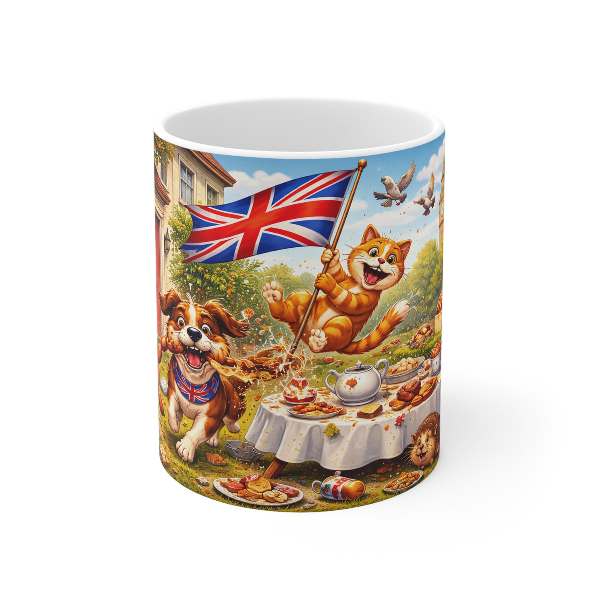British Picnic Cat & Dog 11oz Mug — Whimsical Union Jack Tea Party Gift