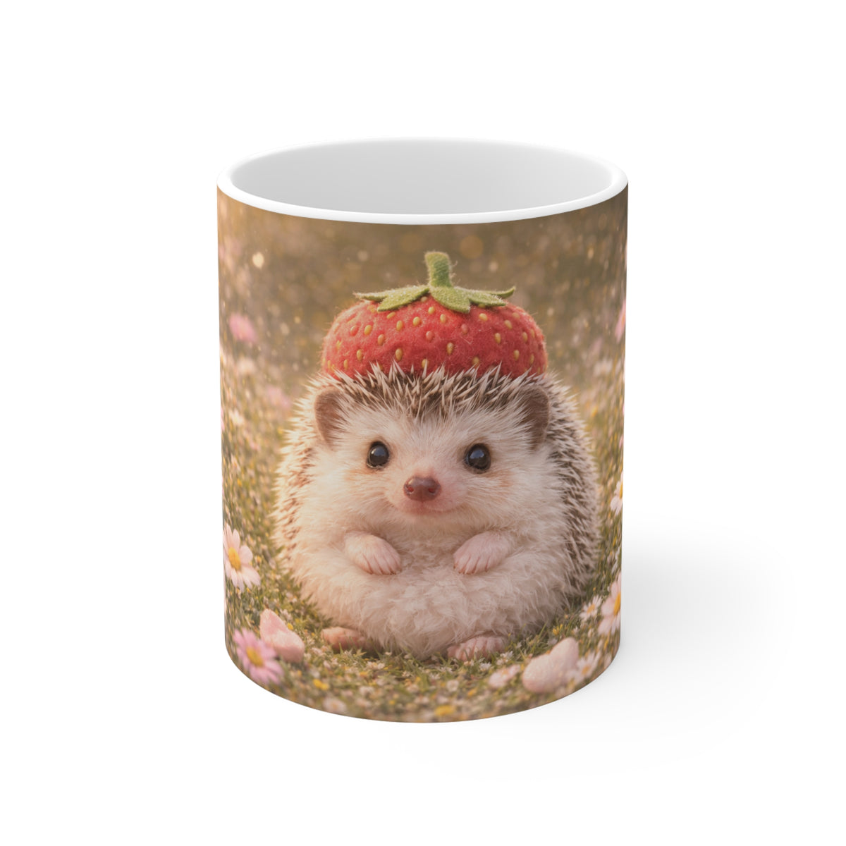 Cute Hedgehog Mug — Adorable Strawberry Hat Coffee Cup, Floral Cute Animal Gift