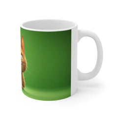 Cat Smirk Mug — Cute Grinning Orange Cat on Green Coffee Cup