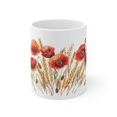 Poppy & Wheat 11oz Ceramic Mug — Rustic Floral Coffee Cup
