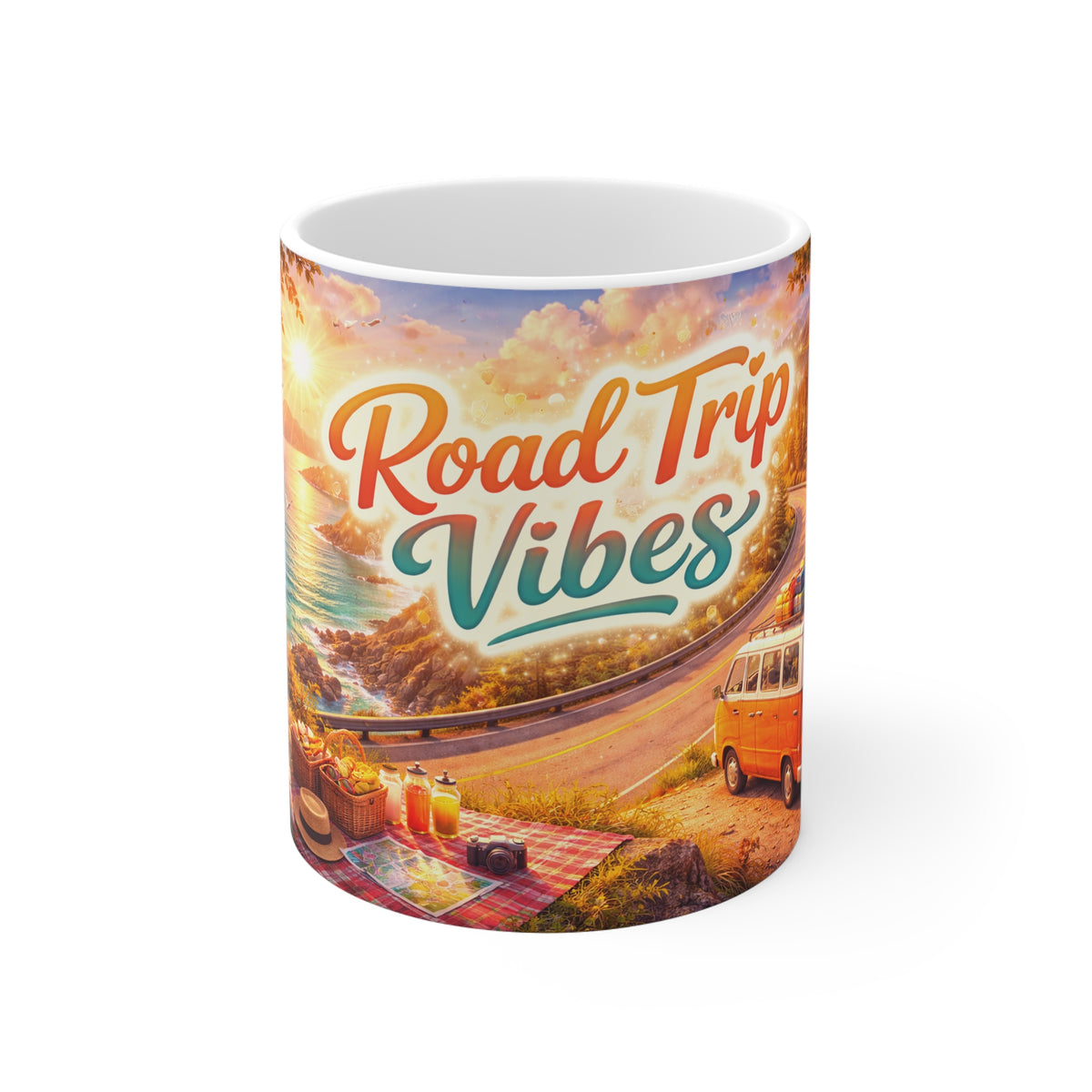 Road Trip Vibes Mug — Retro Beach Camper Coffee Cup for Travel Lovers