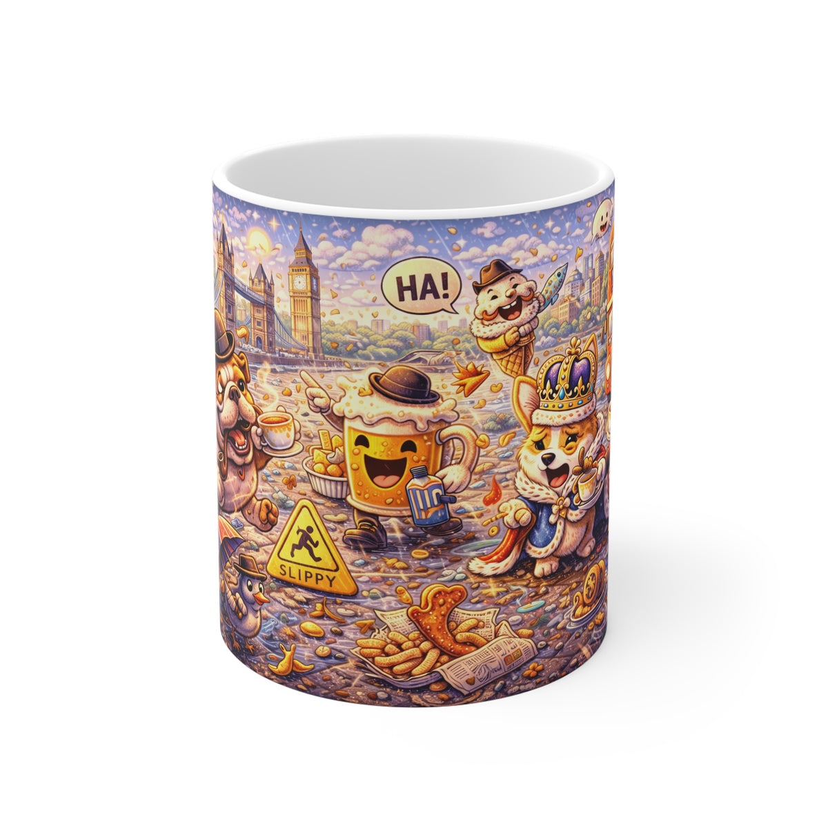 London Breakfast Mug — Whimsical Tea & Chips Cartoon Illustration