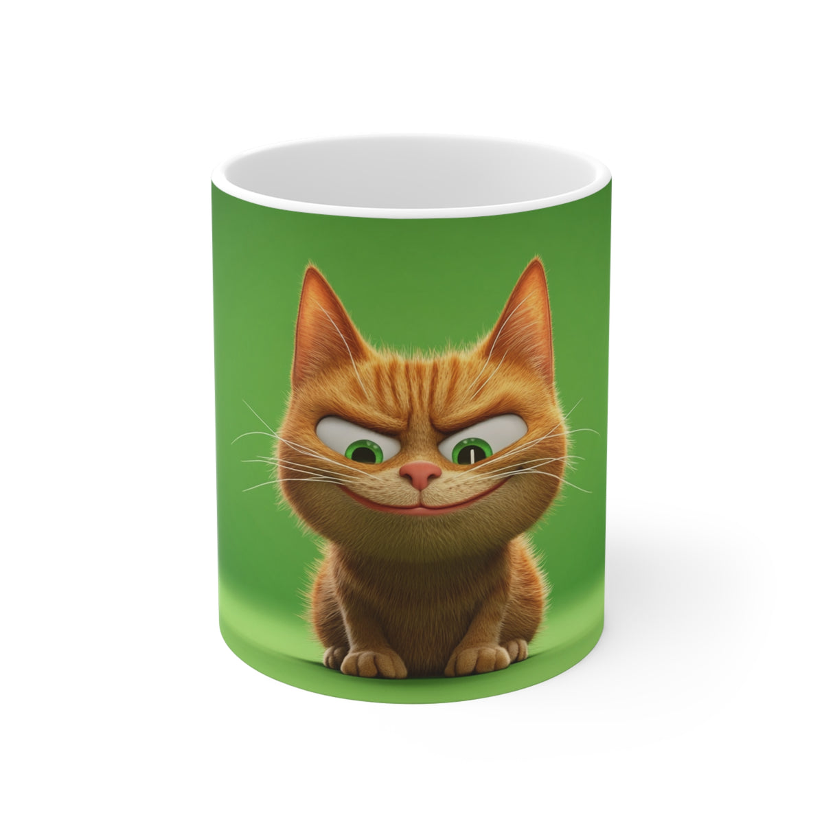 Cat Smirk Mug — Cute Grinning Orange Cat on Green Coffee Cup