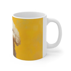 Happy Bichon Frise Coffee Mug — Cute White Poodle Dog Mug, Bright Yellow Background