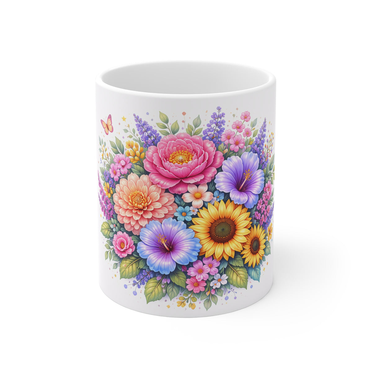 Floral Bouquet Coffee Mug — Vibrant Sunflower & Peony 11oz Ceramic Mug