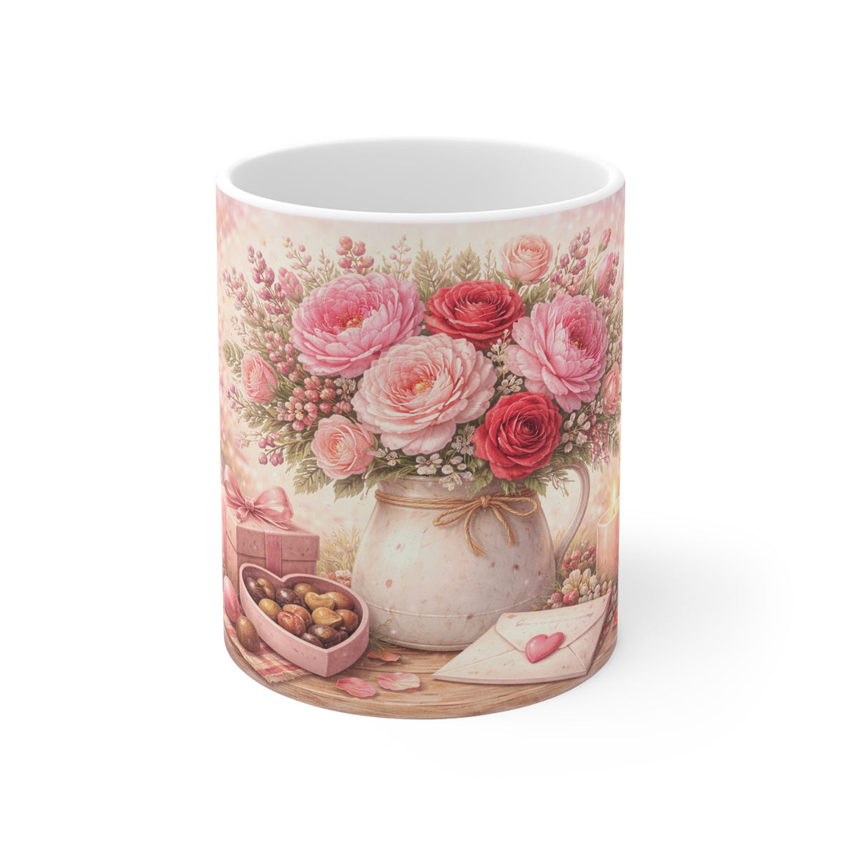 Floral Valentine Mug — Pink Roses Bouquet with Chocolates & Love Letter