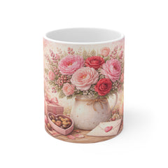 Floral Valentine Mug — Pink Roses Bouquet with Chocolates & Love Letter
