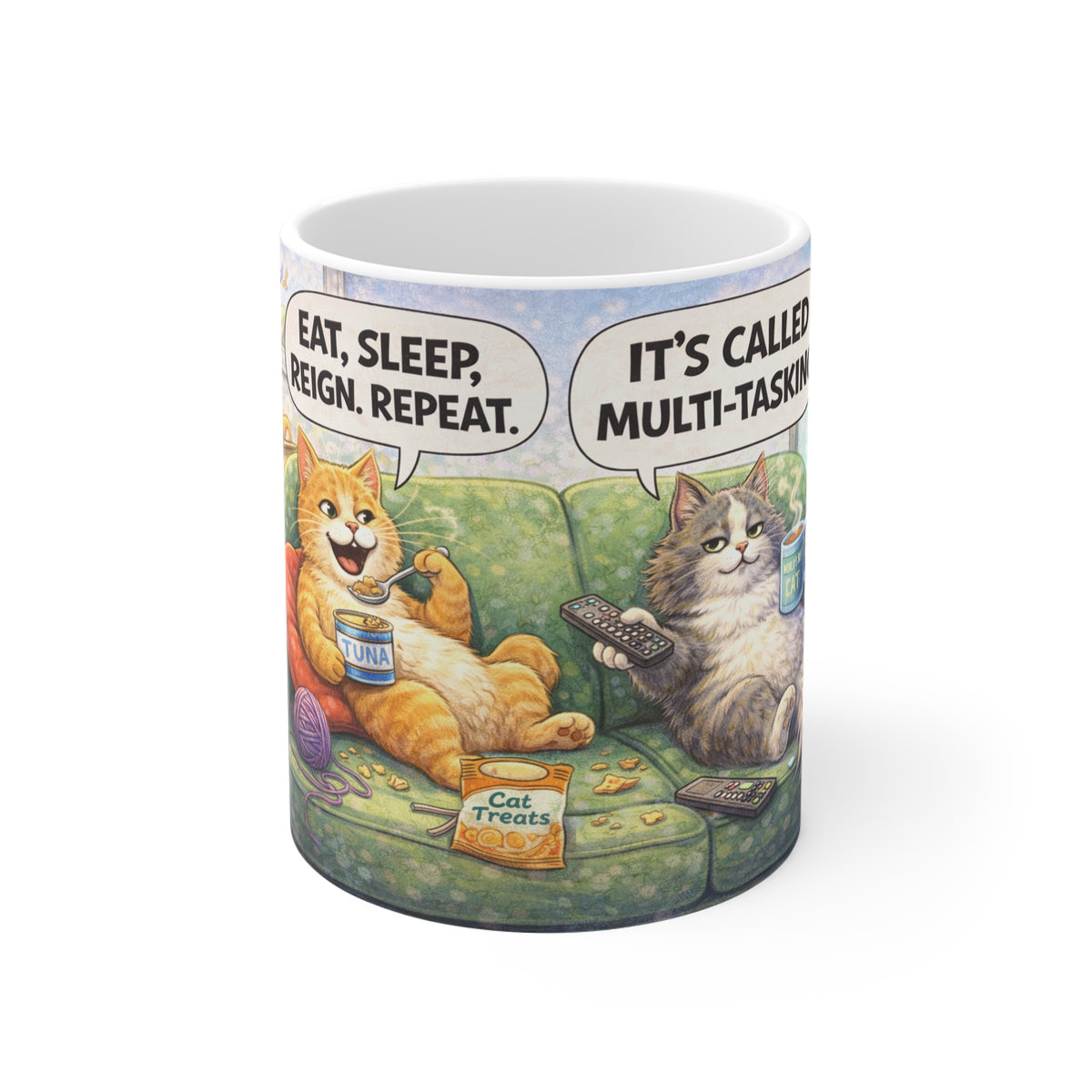 Cat Humor Mug — "Eat, Sleep, Reign, Repeat" Multi-Tasking Cats 11oz
