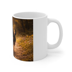 Doberman Dog Photo Coffee Mug — Running Pup in Autumn Forest 11oz