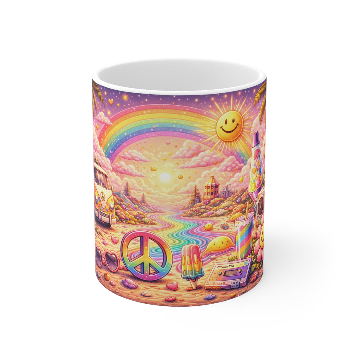 Psychedelic Rainbow Peace Van Mug — 11oz Retro Hippie Coffee Cup