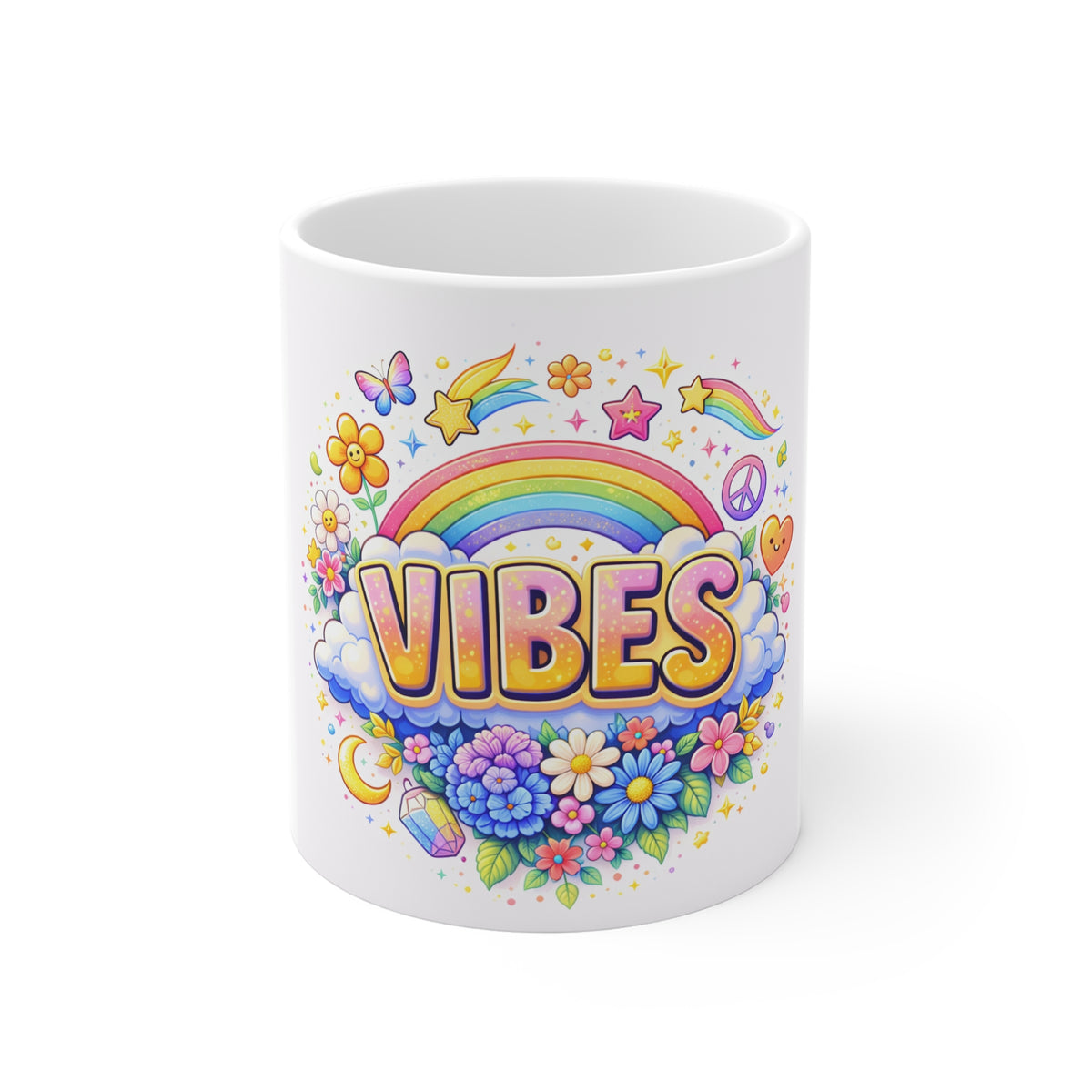 Vibes Rainbow Mug — Colorful Retro Rainbow & Flowers Coffee Cup
