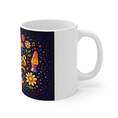 Retro 'Vibes' Coffee Mug – 70s Boho Sunset, Guitar & Peace Sign Ceramic Cup