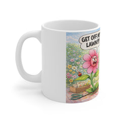 Funny Garden Mug — "Get Off My Lawn!" Flower & Cactus Cartoon Coffee Cup