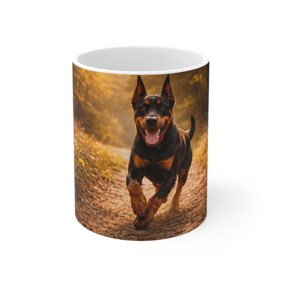 Doberman Dog Photo Coffee Mug — Running Pup in Autumn Forest 11oz
