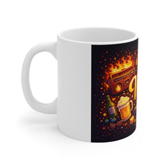 Vibes Flame Graphic Mug — Retro Boombox, Beer & Taco Party Design