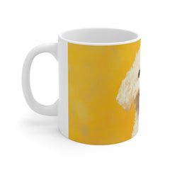 Happy Bichon Frise Coffee Mug — Cute White Poodle Dog Mug, Bright Yellow Background