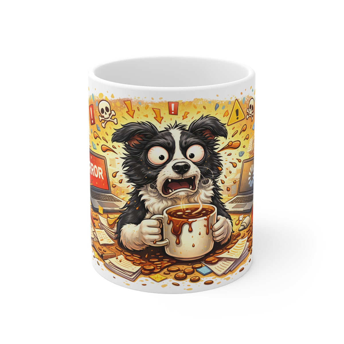 Coffee Panic Mug — Funny Stressed Dog Error Office Ceramic Coffee Cup