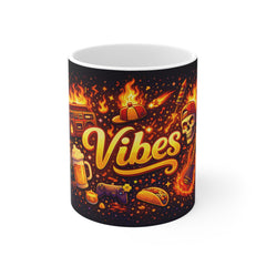 Vibes Flame Graphic Mug — Retro Boombox, Beer & Taco Party Design