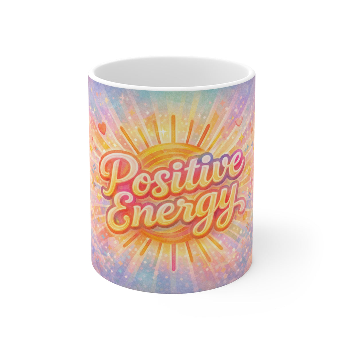 Positive Energy Mug — Bright Retro Sunburst Inspirational Coffee Cup