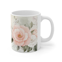 Floral Camellia Coffee Mug — Soft Pastel Botanical Tea Cup