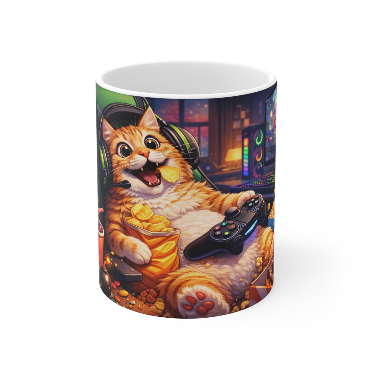 Gamer Cat Mug – Funny Snack-Loving Cat Design