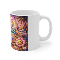 Good Vibrations Coffee Mug — Retro Rainbow Mushroom Peace Sign 11oz