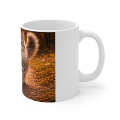 Cute Cat in Autumn Path Mug – 11oz White Coffee Cup with Walking Kitten & Wildflower Scene