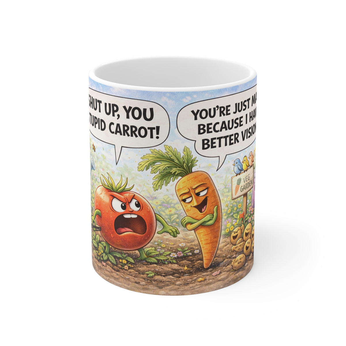 Funny Vegetable Cartoon Mug — "Shut Up, You Stupid Carrot!" 11oz Ceramic Coffee Cup