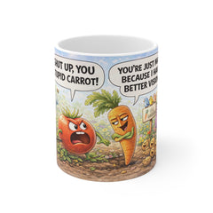 Funny Vegetable Cartoon Mug — "Shut Up, You Stupid Carrot!" 11oz Ceramic Coffee Cup