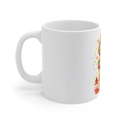 Cute Kawaii Cat Burger Mug — 11oz Coffee Cup with Adorable Cat Stack & Fries Design