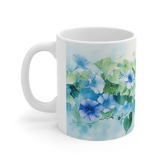 Blue Morning Glory Floral Mug — Watercolor Botanical Coffee Cup