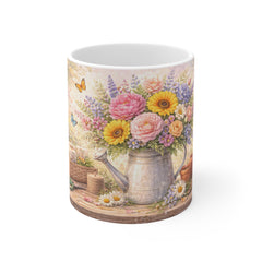Floral Garden Watering Can Mug — Spring Bouquet Tea Coffee Cup