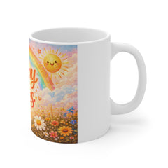 Happy Vibes Rainbow Mug — Cute Positivity Coffee Cup with Rainbow, Clouds & Flowers