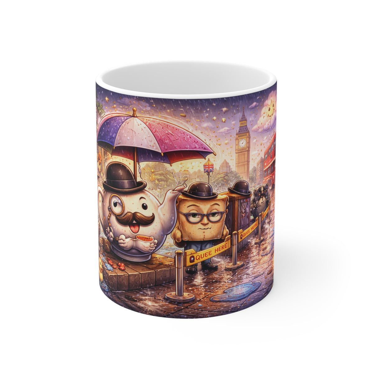 Whimsical London Morning Mug — Cute Tea & Toast Characters Design