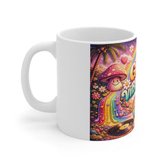 Good Vibrations Coffee Mug — Retro Rainbow Mushroom Peace Sign 11oz
