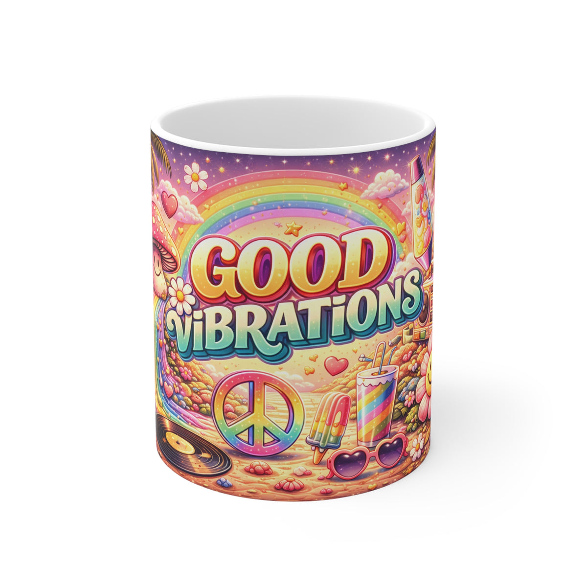 Good Vibrations Coffee Mug — Retro Rainbow Mushroom Peace Sign 11oz