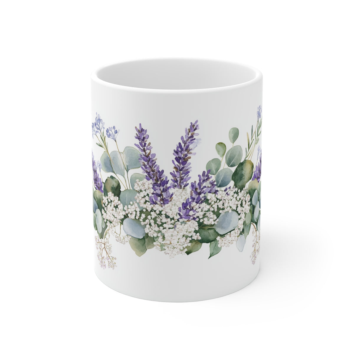 Lavender & Eucalyptus Floral Mug — 11oz Botanical Coffee Cup (Watercolor)
