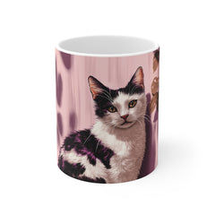 Cat Portrait Coffee Mug — Pink Floral Calico Cat Ceramic Gift