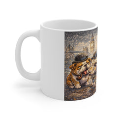 London Bulldog Tea Time Mug — Cute British Dogs in the Rain 11oz