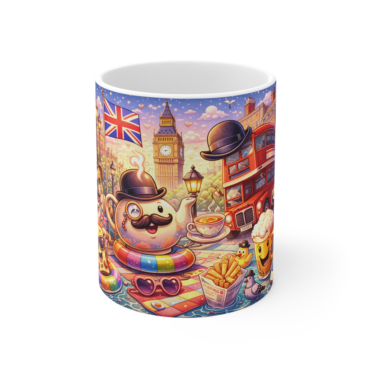 London Tea Time Mug — Whimsical British Icons, Double-Decker Bus & Union Jack Design