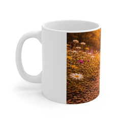 Cute Cat in Autumn Path Mug – 11oz White Coffee Cup with Walking Kitten & Wildflower Scene