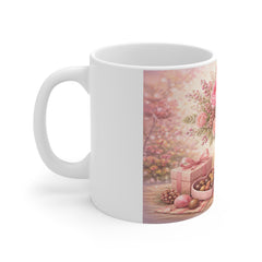 Floral Valentine Mug — Pink Roses Bouquet with Chocolates & Love Letter